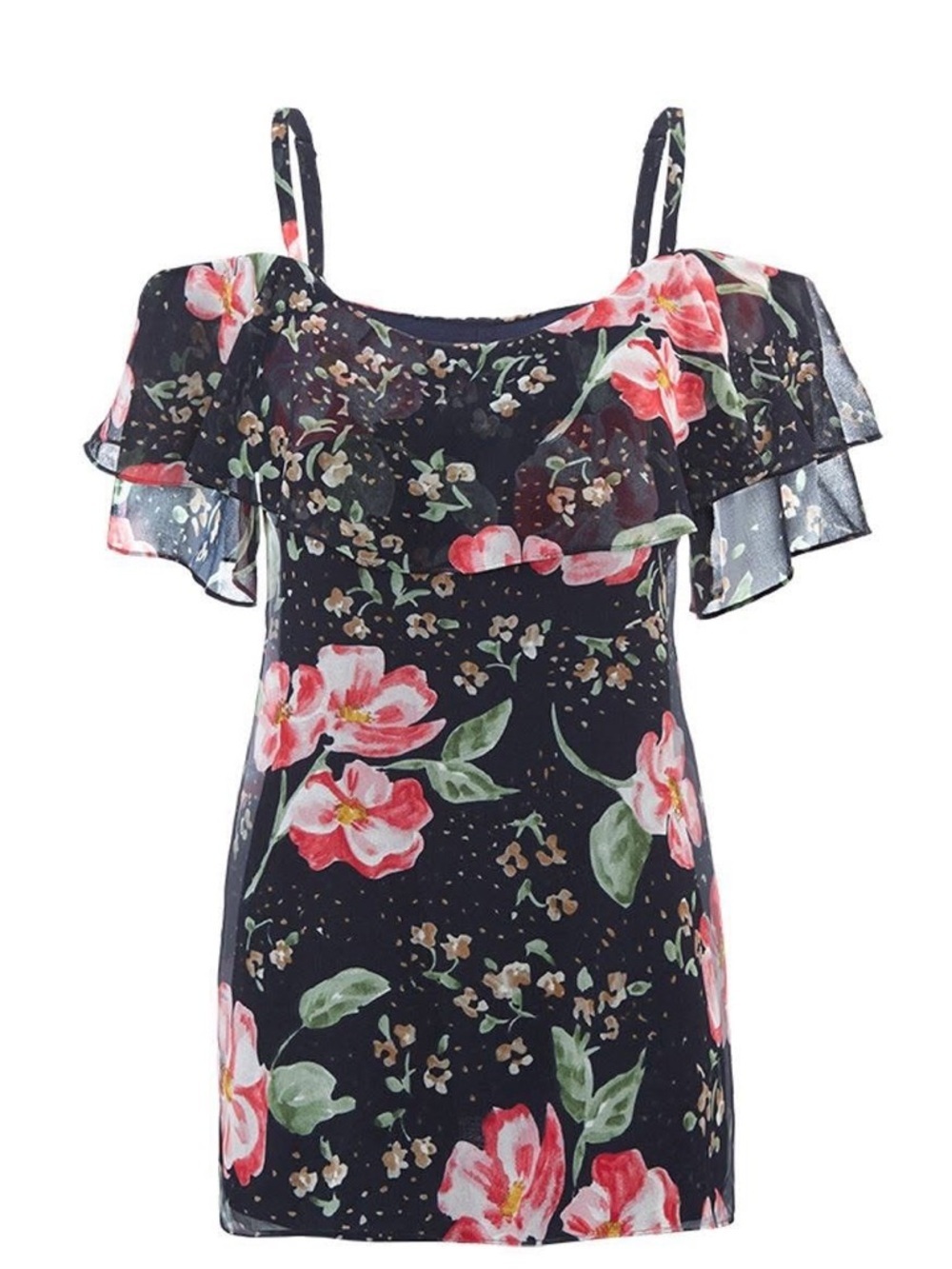 Cabi Small Floral Off-Shoulder Ruffle Tank Top Black with Pink Flowers